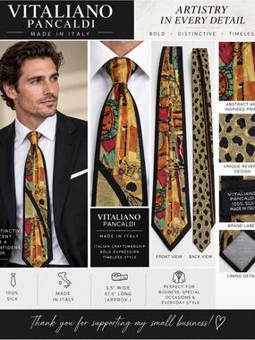 Vitaliano Pancaldi Silk Tie Made in Italy Abstract Art Leopard Print 3.5” x 57.5